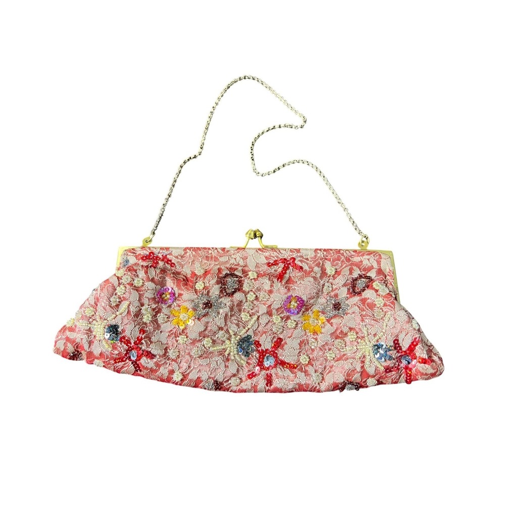 Vintage Pink Lace Beaded Floral Evening‎ Clutch Bag Gold Chain Made in India
